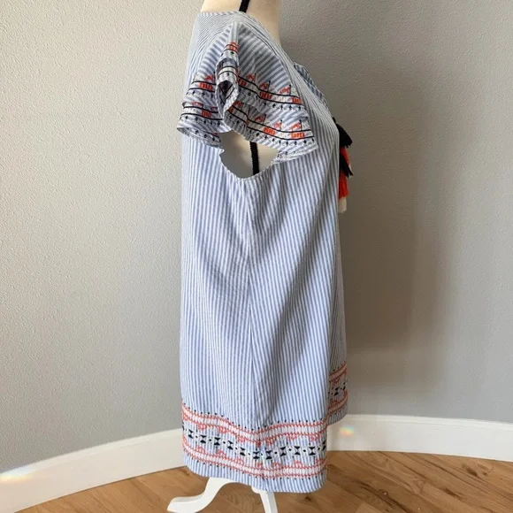 THML Blue and White Striped Cotton Sun Dress with Tassels & Embroidered Details - Picture 7 of 14